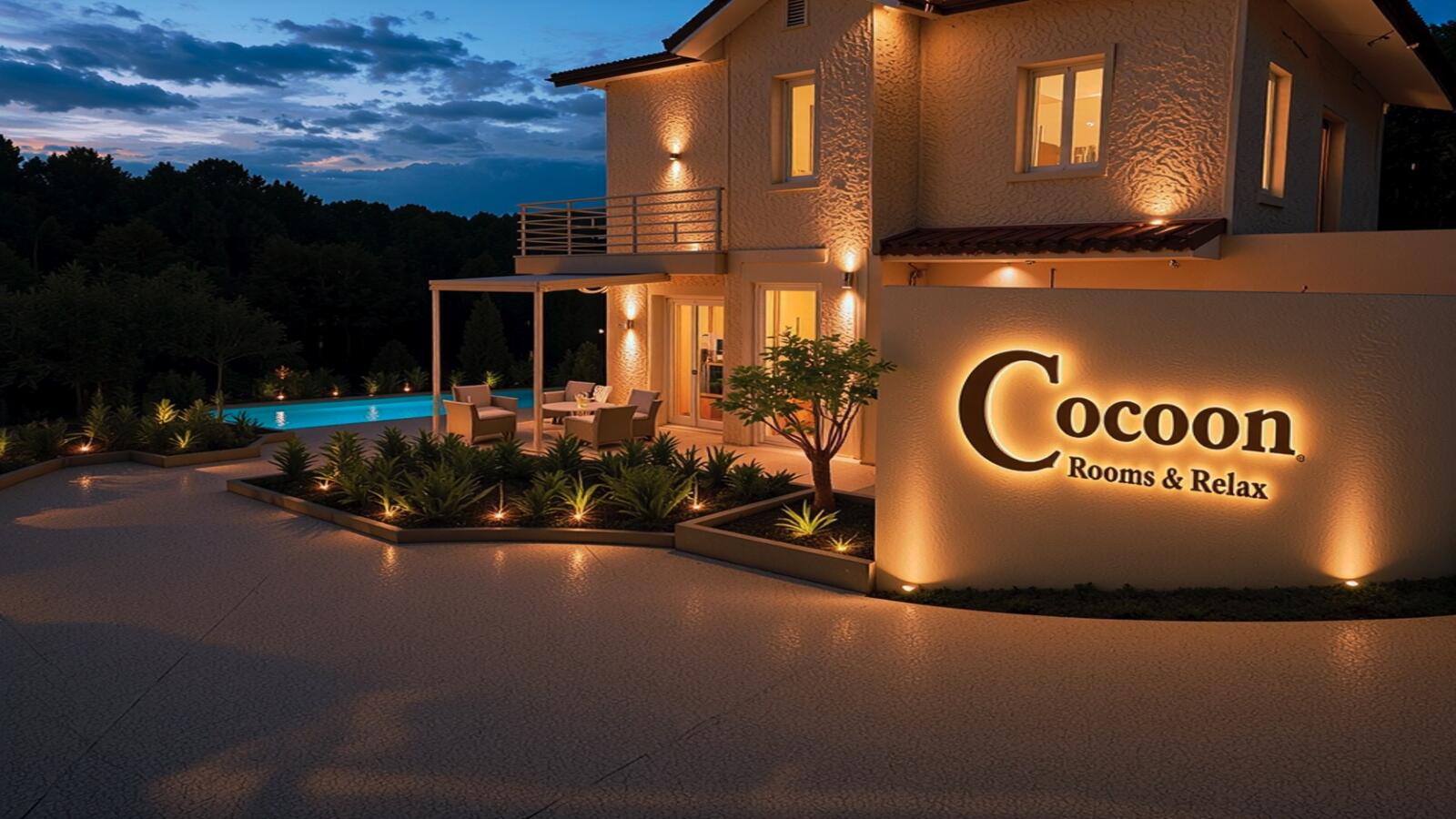 Render della facciata di Cocoon al crepuscolo, con l'insegna Cocoon Rooms & Relax illuminata sul muro e la piscina sul retro