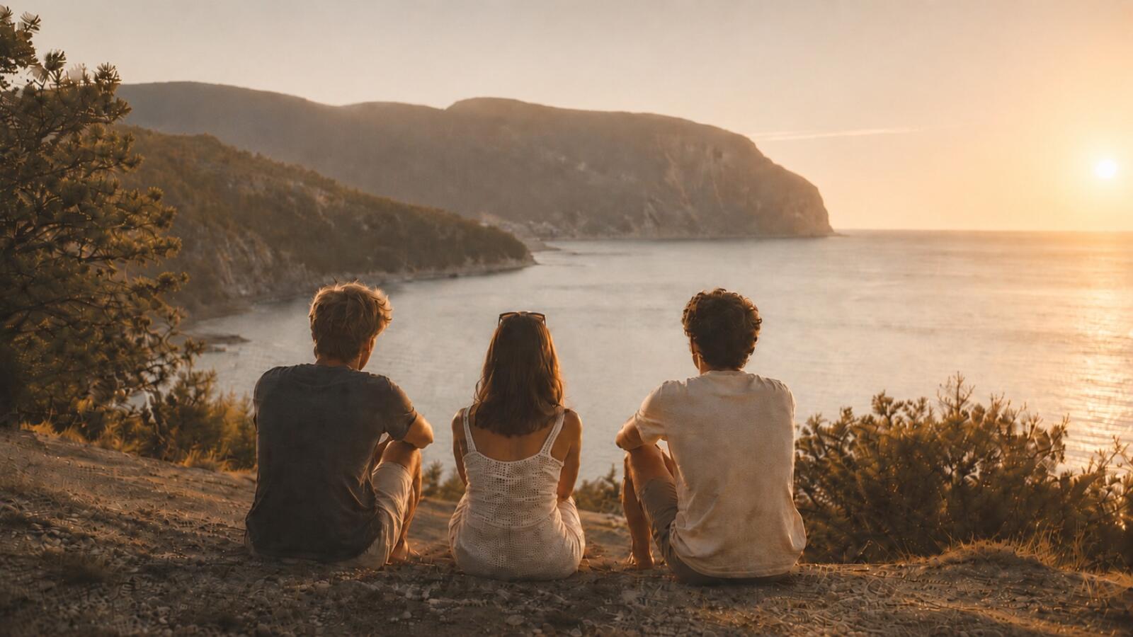 Tre persone sedute di spalle guardano il tramonto sulla costa del Conero