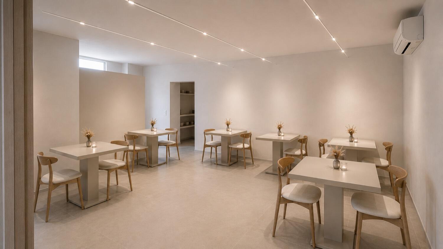 Sala colazione con tavoli chiari e sedie in legno